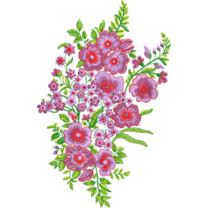 Royalty Free Floral Embroidery Design with Pink Blossoms and Green Leaf Thread Work
