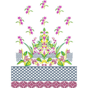 Royalty Free Floral Garden Border Embroidery Design with Multicolor Decorative Motifs and Geometric Base Pattern