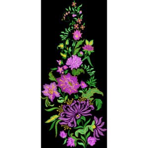 Royalty Free Floral Vertical Embroidery Design with Elegant Purple Blossoms and Green Leaf Detailing
