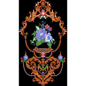 Royalty Free Ornamental Floral Frame Embroidery Design with Classic Baroque Border and Multicolor Flower Motifs