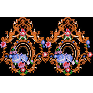 Royalty Free Ornamental Floral Double Frame Embroidery Design with Baroque Style Border and Multicolor Flower Work