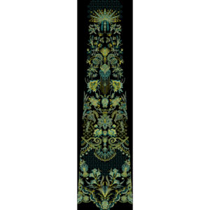 Royalty Free Vertical Ornamental Floral Panel Embroidery Design with Elegant Teal & Gold Thread Work