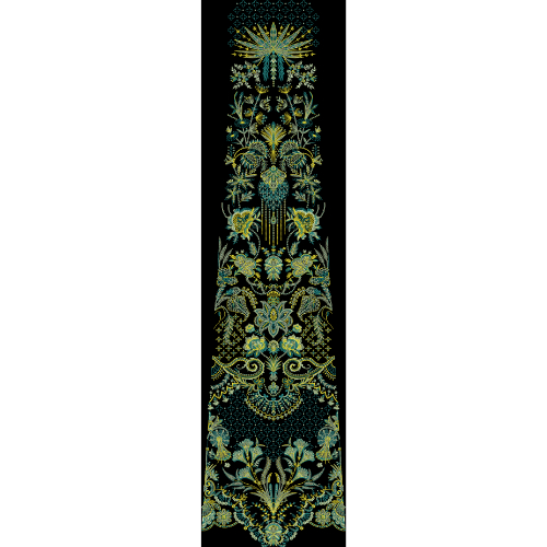 Royalty Free Vertical Ornamental Floral Panel Embroidery Design with Elegant Teal & Gold Thread Work
