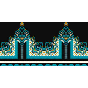 Prints Textile Borders Pattern Embroidery Design with Elegant Floral Arch Motifs in Teal and Gold