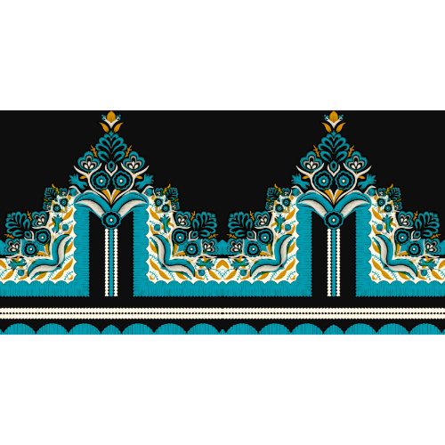 Prints Textile Borders Pattern Embroidery Design with Elegant Floral Arch Motifs in Teal and Gold