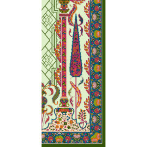 Traditional Floral Paisley Border Textile Print with Geometric Accents in Multicolor