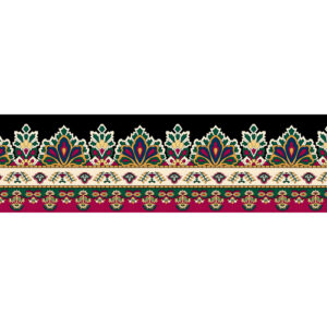 Traditional Floral Geometric Border Textile Print in Black, Red, and Multicolor