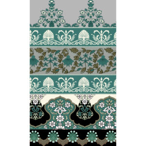 Elegant Traditional Floral Border Textile Print in Teal, Black, and Neutral Tones