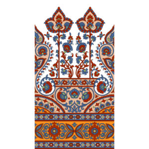 Traditional Floral Panel Border Textile Print with Mughal-Inspired Motifs in Blue and Orange