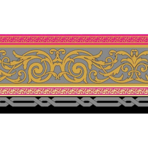 Elegant Ornamental Scroll Border Textile Print in Gold, Grey, and Pink Accents