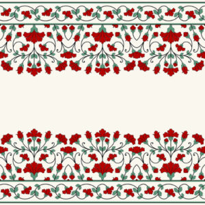 Traditional Floral Border Textile Print with Red Blossoms and Green Vines