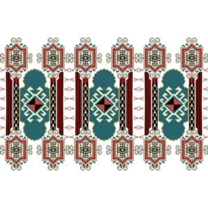 Traditional Geometric Panel Border Textile Print with Tribal Motifs in Teal and Red