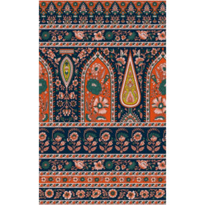 Traditional Mughal Floral Panel Border Textile Print in Navy Blue and Rust Orange