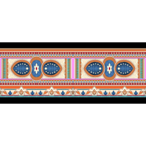 Traditional Ornamental Border Textile Print with Geometric Motifs in Blue and Peach