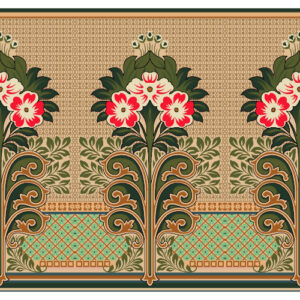 Traditional Floral Panel Border Textile Print with Art Nouveau Influence