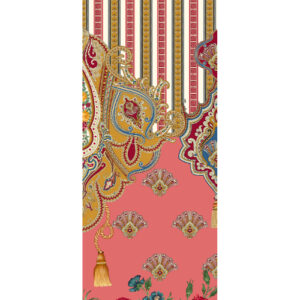 Luxury Paisley Panel Border Textile Print with Ornamental Details in Coral and Gold