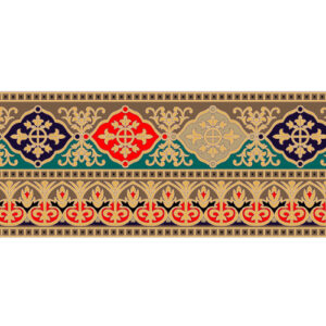 Traditional Ornamental Floral Border Textile Print in Gold, Red, and Navy