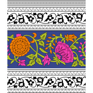 Vibrant Floral Border Textile Print with Decorative Black and White Bands