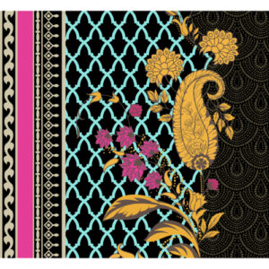 Luxury Paisley Floral Border Textile Print with Moroccan Lattice Pattern