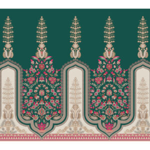 Traditional Mughal Floral Panel Border Textile Print in Deep Green and Pink