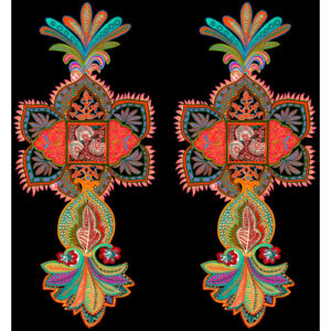 Vibrant Ornamental Floral Motif Textile Print in Neon Multicolor on Black