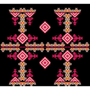 Prints Textile Borders Pattern Embroidery Design with Symmetrical Tribal Geometric Motifs in Pink and Yellow