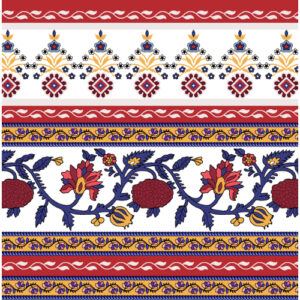 Traditional Folk Floral Border Textile Print in Red, Blue, and Yellow