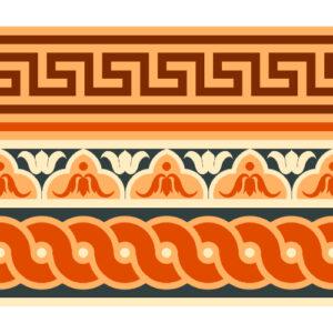 Classic Greek Key and Scalloped Border Textile Print in Warm Orange Tones