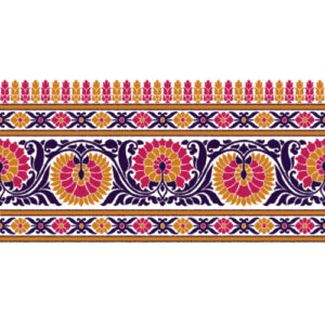 Traditional Floral Vine Border Textile Print in Magenta, Mustard, and Navy