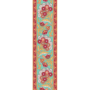 Traditional Floral Border Textile Print with Mughal-Inspired Motifs in Turquoise and Red