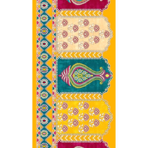 Vibrant Traditional Paisley & Floral Border Textile Print in Mustard Yellow and Teal