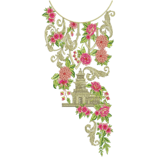 Designer Floral Scenic Neckline Embroidery Design | Elegant Kurti Gala Pattern