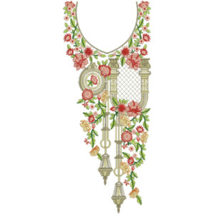 Elegant Floral V-Neck Embroidery Design | Designer Kurti Gala Pattern with Hanging Elements