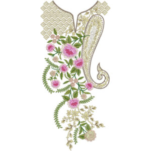 Designer Floral Paisley Neckline Embroidery with Geometric Shoulder Pattern and Elegant Rose Vine Layout