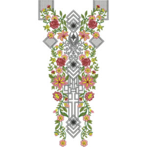 Symmetrical Geometric Floral Neckline Embroidery Design with Roses and Ornamental Motifs