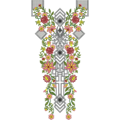 Symmetrical Geometric Floral Neckline Embroidery Design with Roses and Ornamental Motifs