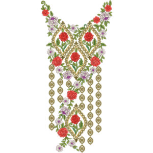 Elegant Floral Vine Neckline Embroidery Design with Rose Motifs and Decorative Hanging Pattern