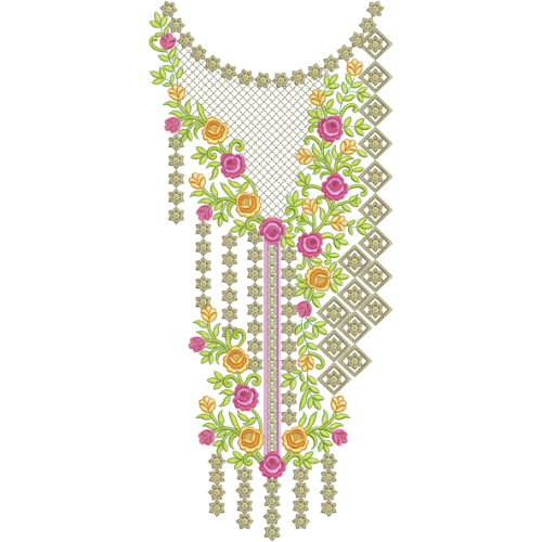 Stylish Floral Net Neckline Embroidery Design with Geometric Border and Hanging Tassel Pattern