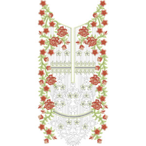 Classic Floral V-Neckline Embroidery Design with Rose Vines and Ornamental Panel Detailing
