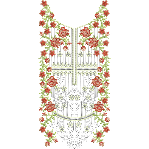 Classic Floral V-Neckline Embroidery Design with Rose Vines and Ornamental Panel Detailing