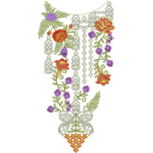 Stylish Floral Geometric Neckline Embroidery Design with Hanging Vine Pattern and Multicolor Flowers