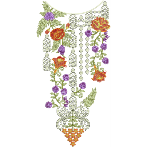 Stylish Floral Geometric Neckline Embroidery Design with Hanging Vine Pattern and Multicolor Flowers