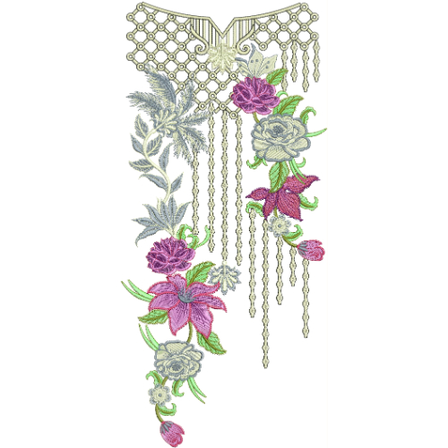 Elegant Floral Net Neckline Embroidery Design with Hanging Chain Pattern and Rose Motifs