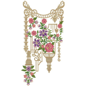 Luxury Ornamental Floral Neckline Embroidery Design with Decorative Frame and Rose Bouquet