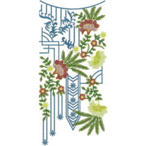 Modern Geometric Floral Neckline Embroidery Design with Hanging Bead Pattern and Leafy Vines