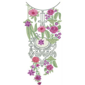 Elegant Floral Vase Neckline Embroidery Design with Ornamental Scrollwork and Rose Motifs