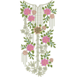 Elegant Pink Floral Neckline Embroidery Design with Geometric Panel and Hanging Chain Details