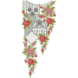 Designer Floral Arch Neckline Embroidery Design with Rose Vines and Hanging Ornament Details