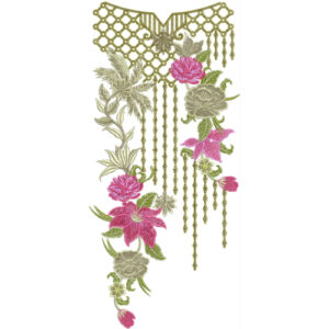 Elegant Net Style Floral Neckline Embroidery Design with Hanging Chain Pattern and Rose Motifs