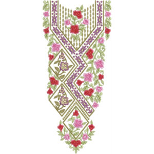 Elegant Net Style Floral Neckline Embroidery Design with Hanging Chain Pattern and Rose Motifs